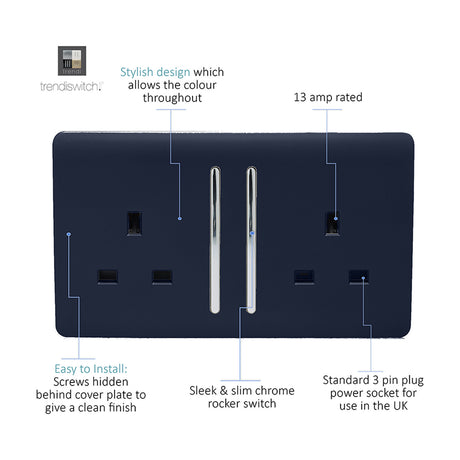 Navy blue 2 gang double 13A socket with screwless flat plate, chrome rocker switches, and labelled diagram highlighting design and installation features.