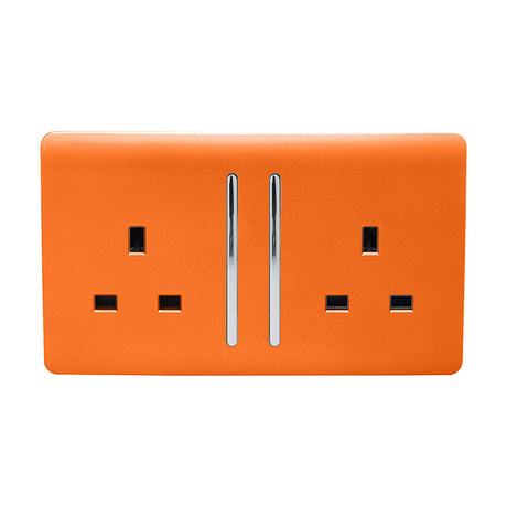 2 Gang Double 13A Socket in orange with a screwless flat plate, chrome rockers and trim, shown on a plain white background.