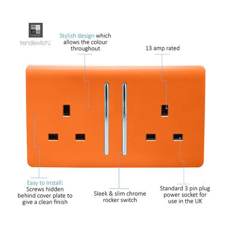 2 gang double 13A socket in orange with screwless flat plate, chrome rockers and trim, on a plain white background.