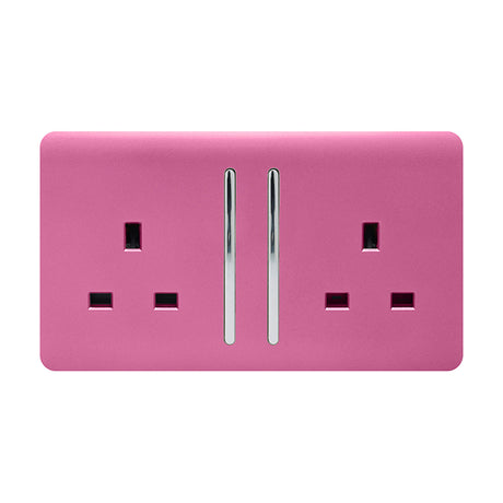 2 Gang Double 13A Socket in pink, screwless flat plate with chrome rocker switches and chrome inserts, shown on a plain white background.