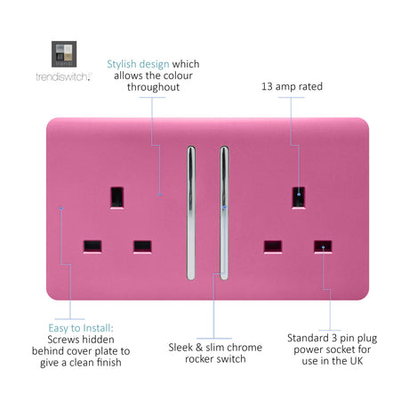 Pink 2 gang 13A double socket with screwless flat plate, chrome rocker switches and chrome pin inserts, shown with labelled features on a white background.
