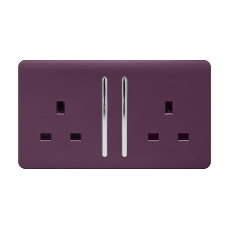 2 Gang Double 13A Socket in plum with a flat, screwless plate, chrome switches and pin apertures, on a plain white background.