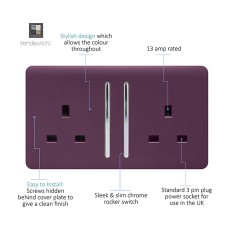2 Gang Double 13A Socket in plum, screwless flat plate with two chrome rocker switches and chrome pin apertures, shown with labelled features on a white background.