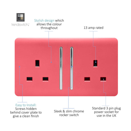 2 Gang Double 13A Socket in Strawberry pink with two chrome rocker switches, screwless plate design and standard UK 3-pin sockets, shown on a white background.