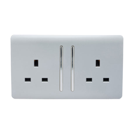 2 Gang Double 13A Socket in platinum silver with a screwless plate, chrome rocker switches either side of two square pin outlets, shown on a plain white background.