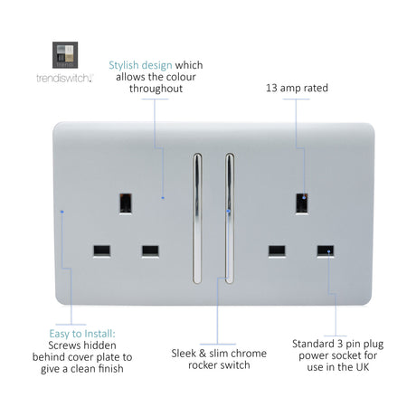 2 Gang Double 13A Socket in platinum silver with screwless plate, two chrome rocker switches, and UK 3-pin sockets, shown with feature callouts on white background.