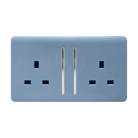 2 Gang Double 13A Socket in sky blue with a screwless flat plate, chrome rocker switches, and two individually switched outlets, shown on a plain white background.