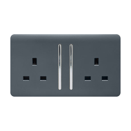 2 Gang Double 13A Socket in warm grey, screwless flat plate with two switched rockers and chrome inserts, shown on a plain white background.