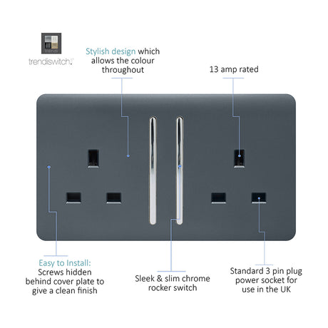 2 Gang Double 13A Socket in warm grey with a screwless flat plate, chrome rocker switches, and labelled feature callouts on a white background.