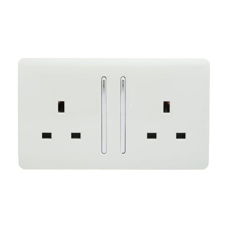 2 Gang Double 13A Socket in ice white with a screwless flat plate, chrome insert strip between two rockers, on a plain white background.