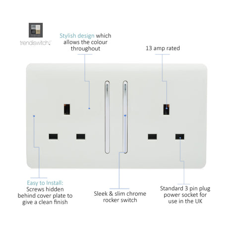 Ice white 2 gang 13A double socket with screwless flat plate, slim chrome rocker switches, and labelled feature callouts on a white background.