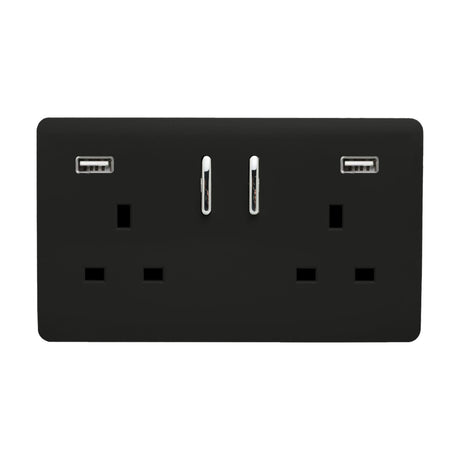 Piano black 2 gang double 13A socket with screwless plate, two chrome switches, and integrated USB-A ports, shown on a plain white background.