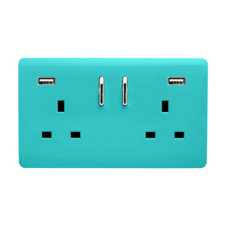 Screwless 2 gang double 13A switched socket in bright teal with chrome switches and two USB-A charging ports, shown on a plain white background.