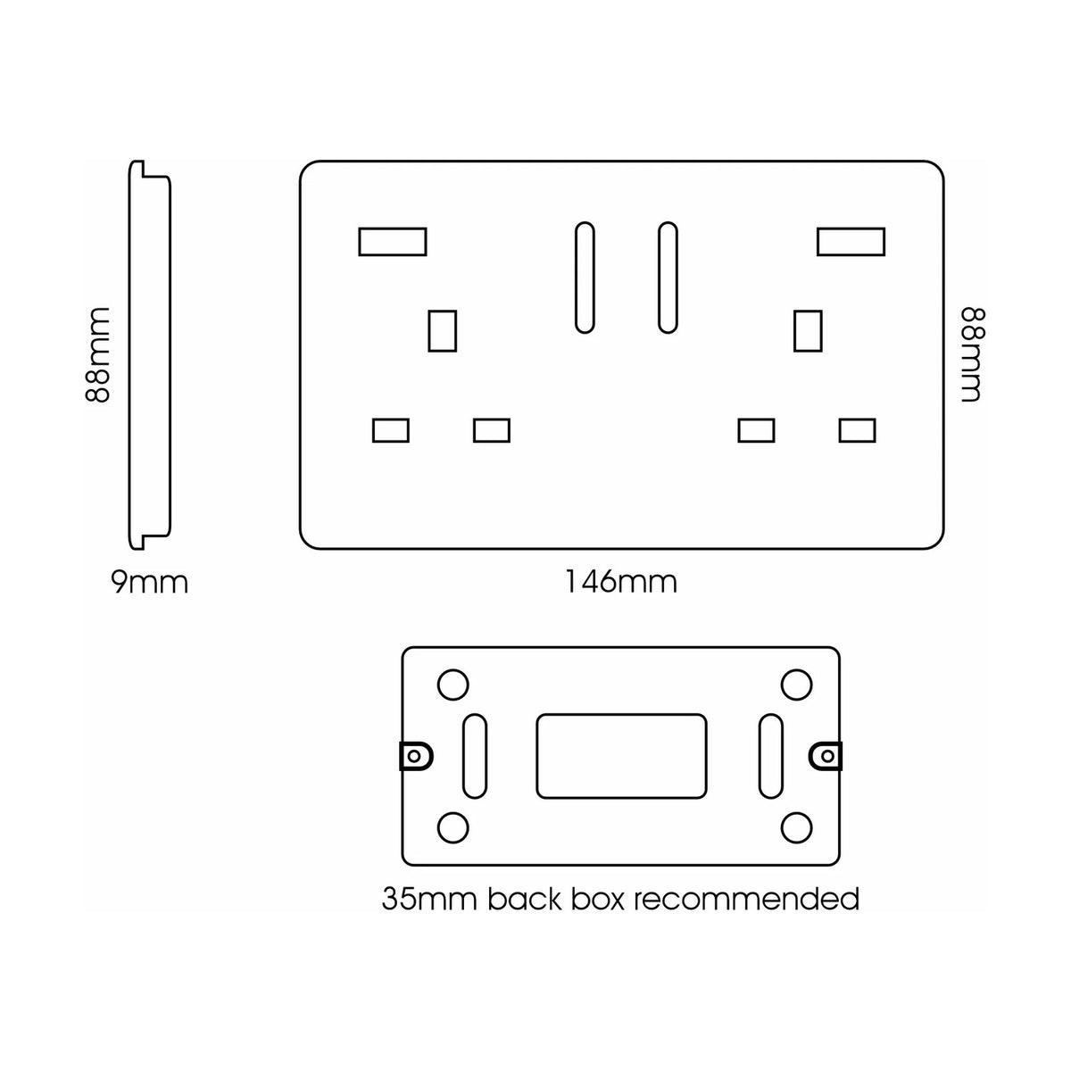 Technical line drawing of a 2 Gang 13A Socket with 15W USB-A in carbon fibre and chrome, showing front, side, and back dimensions: 9mm depth, 88mm height, 146mm width, 35mm back box.
