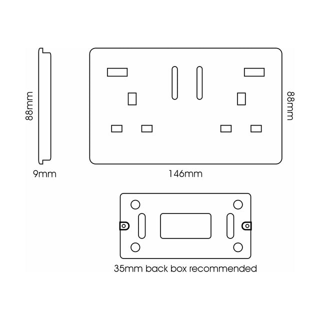 Technical line drawing of a 2 Gang 13A Socket with 15W USB-A in carbon fibre and chrome, showing front, side, and back dimensions: 9mm depth, 88mm height, 146mm width, 35mm back box.