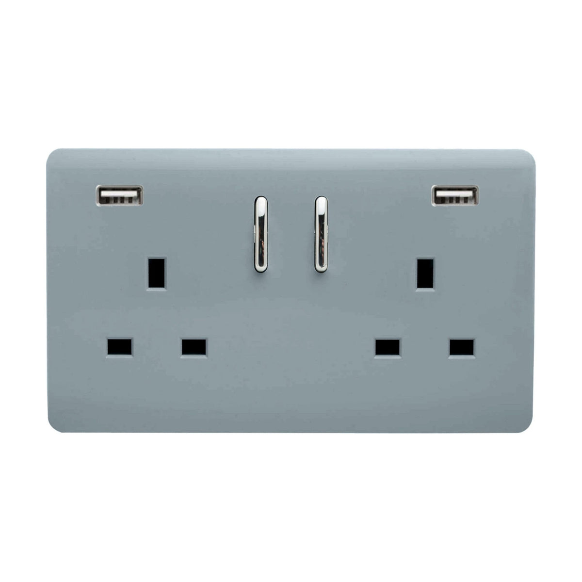 Cool grey 2 gang double 13A socket with a flat screwless plate, chrome rockers, and two USB-A charging ports at the top corners, shown on a plain white background.