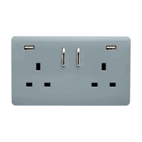 Cool grey 2 gang double 13A socket with a flat screwless plate, chrome rockers, and two USB-A charging ports at the top corners, shown on a plain white background.