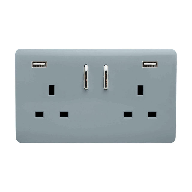 Cool grey 2 gang double 13A socket with a flat screwless plate, chrome rockers, and two USB-A charging ports at the top corners, shown on a plain white background.