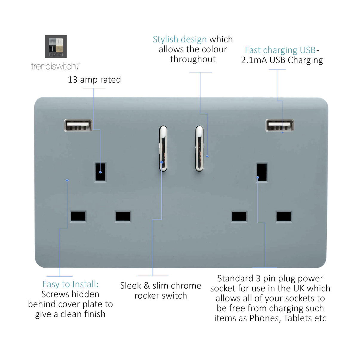 Cool grey 2 gang 13A double socket with screwless flat plate, chrome rocker switches, and two USB-A charging ports, shown with labelled feature callouts on a white background.