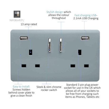 Cool grey 2 gang 13A double socket with screwless flat plate, chrome rocker switches, and two USB-A charging ports, shown with labelled feature callouts on a white background.