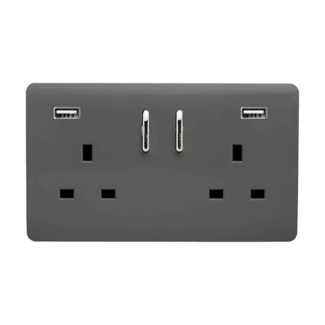 Charcoal screwless double 13A switched socket with two USB-A ports (15W shared) and chrome rocker switches, shown on a plain white background.