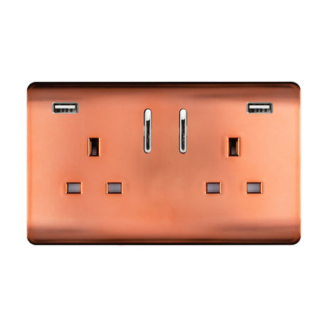 Copper screwless double 13A socket with two chrome rockers and a USB-A charging port at each end, shown on a plain white background.
