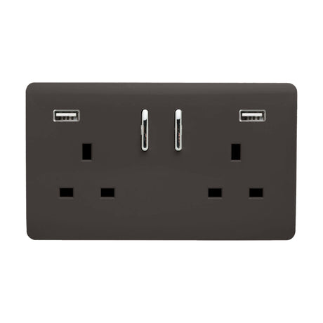 Dark brown 2 gang 13A double socket with screwless flat plate, chrome rocker switches, and two USB-A charging ports, shown on a plain white background.