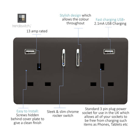 Dark brown 2 gang 13A double socket with screwless plate, chrome rocker switches, and two USB-A charging ports, shown with labelled feature callouts.