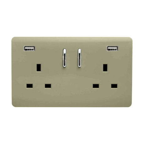Screwless double 13A socket in champagne gold with chrome rocker switches and two USB-A charging ports, shown on a plain white background.
