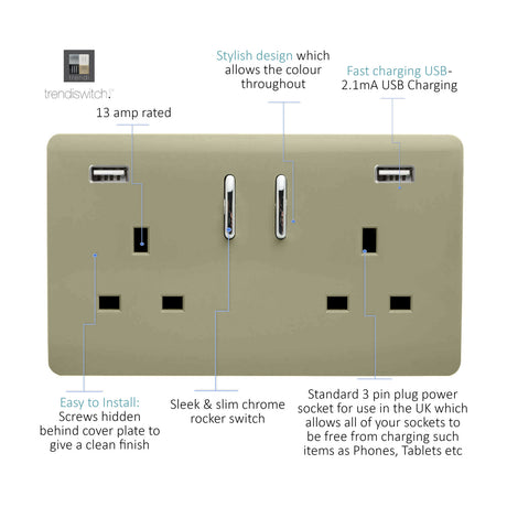 Champagne gold 2 gang double 13A switched socket with chrome rocker switches and two USB-A charging ports, screwless plate on a white background.