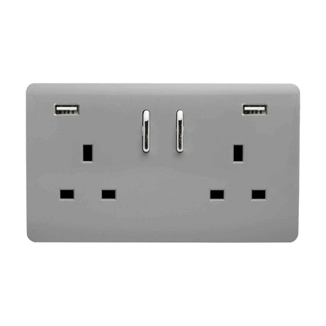 2 Gang Double 13A USB-A Socket in light grey with chrome rocker switches and screwless flat plate, shown on a plain white background.
