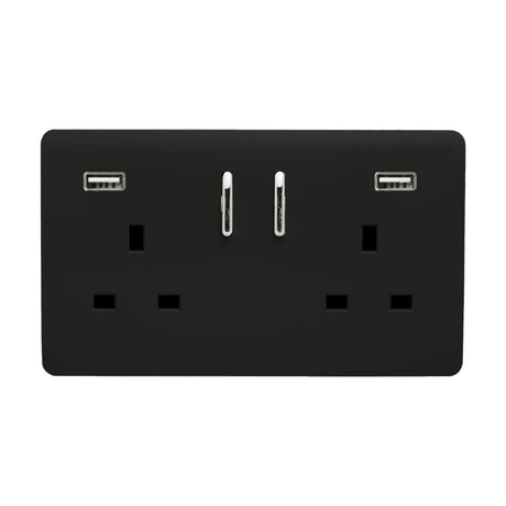 2 Gang Double 13A USB-A Socket in matt black, screwless plate with two rocker switches and two USB-A charging ports, shown on a plain white background.