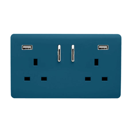 2 gang double 13A USB-A socket in midnight blue with chrome rockers, screwless plate and two USB charging ports, shown on a white background.