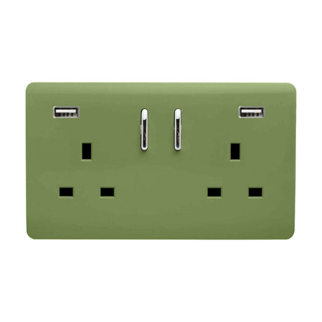 Moss green screwless 2 gang double 13A USB-A socket with two chrome switches, chrome inserts, and USB-A ports at each end, shown on a plain white background.