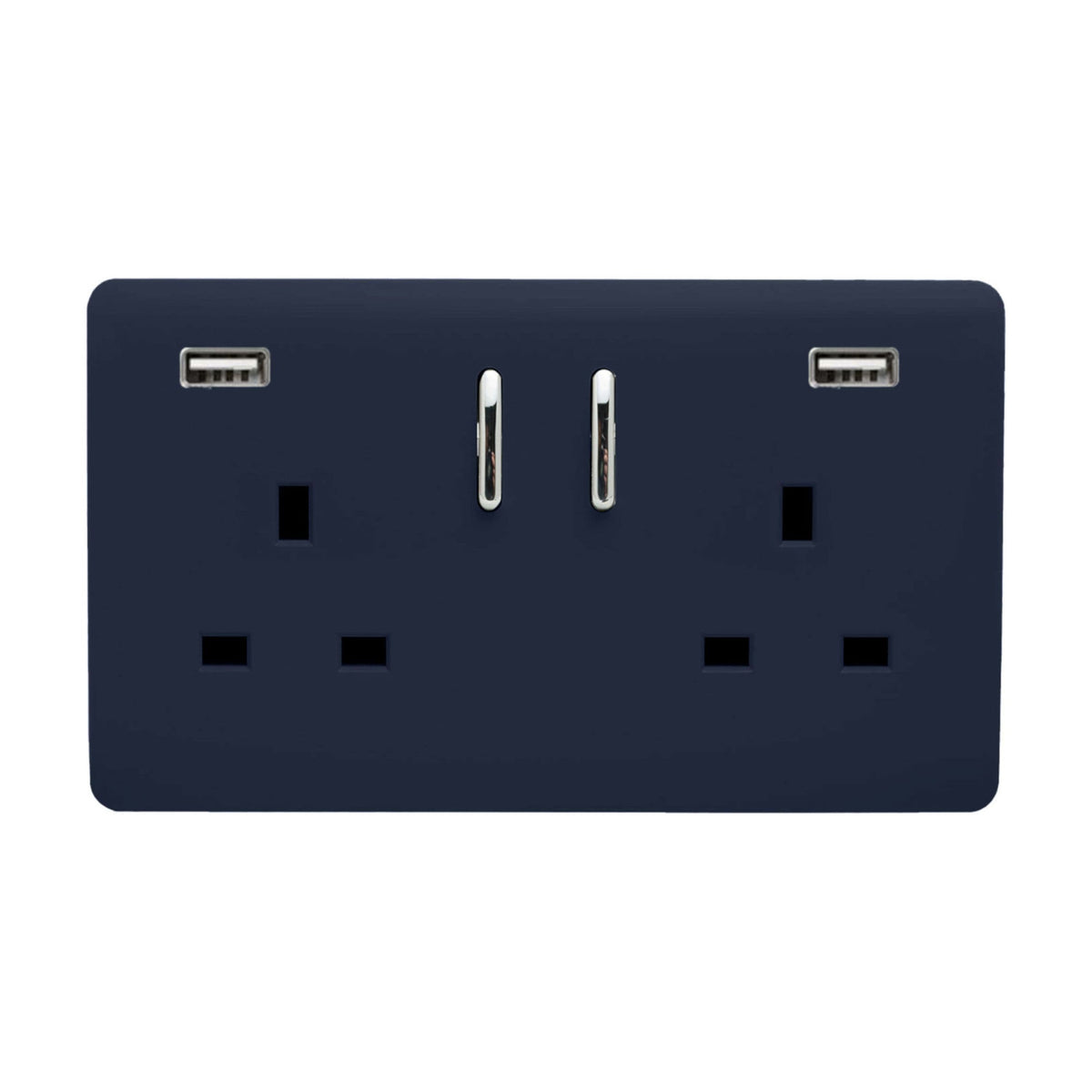 Screwless 2 gang double 13A socket in navy blue with two USB-A charging ports and chrome rockers, shown on a plain white background.