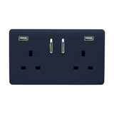 Screwless 2 gang double 13A socket in navy blue with two USB-A charging ports and chrome rockers, shown on a plain white background.