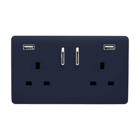 Screwless 2 gang double 13A socket in navy blue with two USB-A charging ports and chrome rockers, shown on a plain white background.