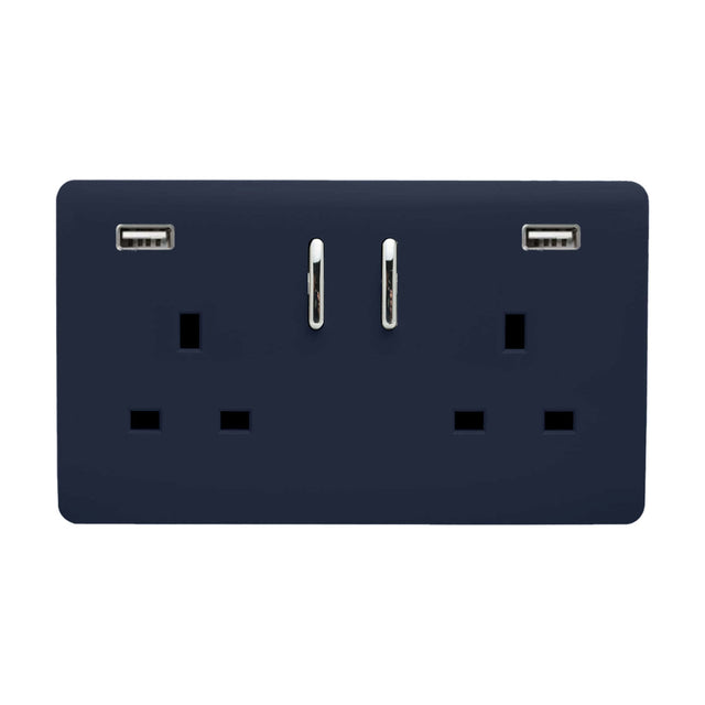 Screwless 2 gang double 13A socket in navy blue with two USB-A charging ports and chrome rockers, shown on a plain white background.
