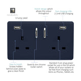 Navy blue 2 gang 13A double socket with two USB-A charging ports, chrome rockers, and a screwless plate, shown with labelled feature callouts on a white background.