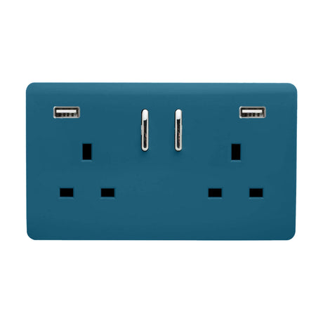 Ocean blue 2 gang double 13A socket with screwless flat plate, chrome rocker switches, and two USB-A ports (15W) on a plain white background.