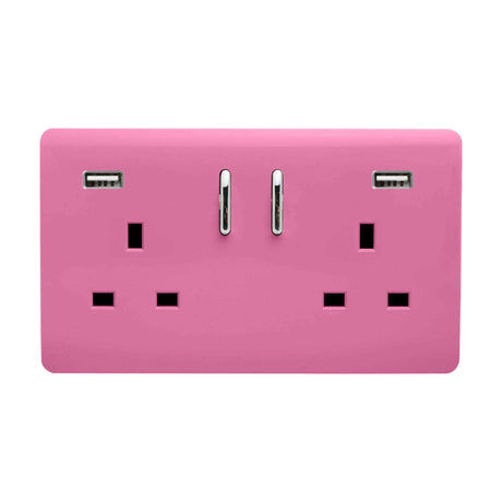 Pink screwless double 13A socket with two USB-A ports, chrome switches and chrome port trim, shown on a plain white background.