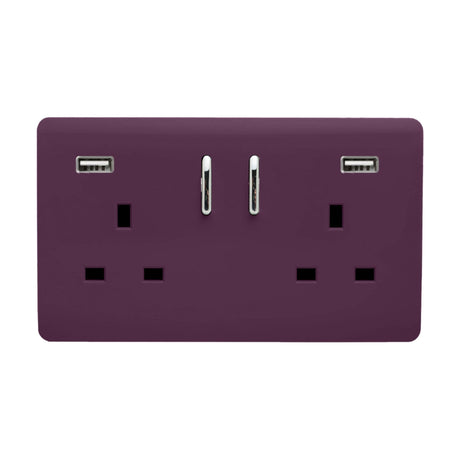 Plum 2 gang double 13A switched socket with screwless flat plate, chrome rockers and two USB-A charging ports, shown on a plain white background.