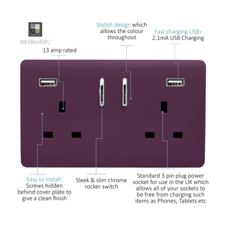 Plum 2 gang double 13A switched socket with screwless flat plate, chrome rocker switches, and two USB-A charging ports, shown with feature callouts on white background.