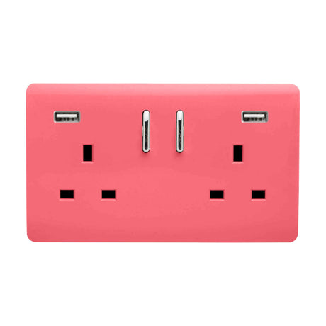 2 Gang Double 13A 15W USB-A Socket in Strawberry, a screwless pink plate with chrome inserts, two rocker switches, and two USB-A ports, shown on a plain white background.