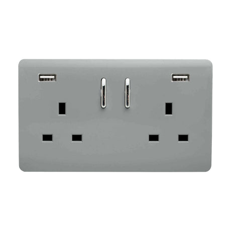Screwless 2 gang double 13A socket in platinum silver with chrome rocker switches and two USB-A charging ports, shown on a plain white background.