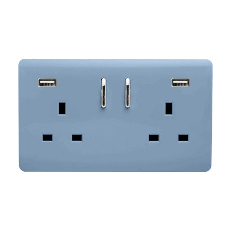 Sky blue 2 gang double 13A screwless USB-A socket with chrome rockers and two USB-A ports, shown on a plain white background.