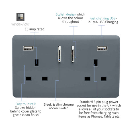Warm grey 2 gang 13A double socket with screwless plate, chrome rocker switches, and two USB-A charging ports, shown with labelled feature callouts.