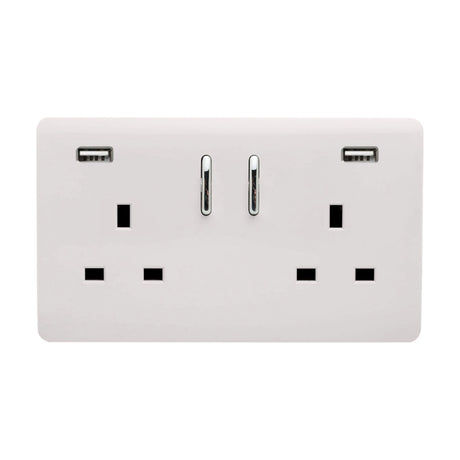 Screwless 2 gang 13A double socket in ice white with two USB-A charging ports, chrome rocker switches, on a plain white background.