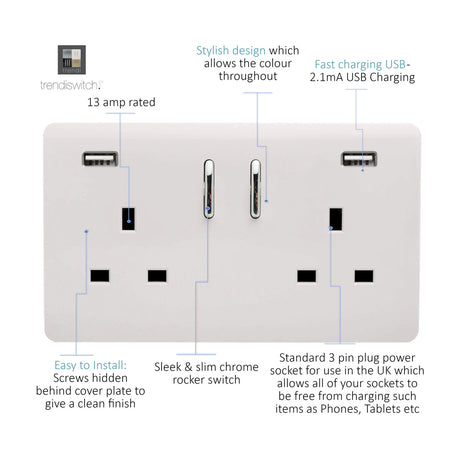 2 Gang Double 13A USB-A Socket in Ice White with two chrome rocker switches, two 3-pin outlets and two USB-A charging ports, screwless flat plate on a white background.