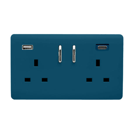Midnight blue 2 gang double 13A socket with screwless front, chrome rockers, and integrated USB-A and USB-C ports, shown on a plain white background.